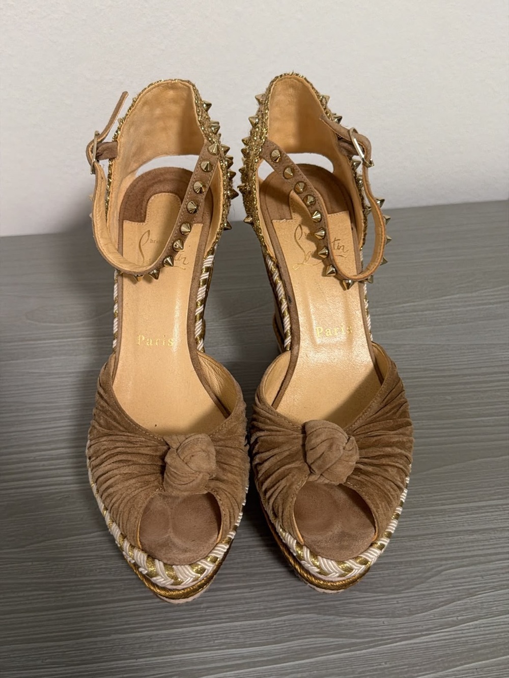 Christian Louboutin Brown Suede Knotted Espadrille Wedge Sandals